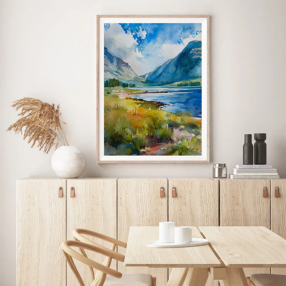 Alpine Blue Mountain Lake Valley Watercolor Landscape Poster - Image 5