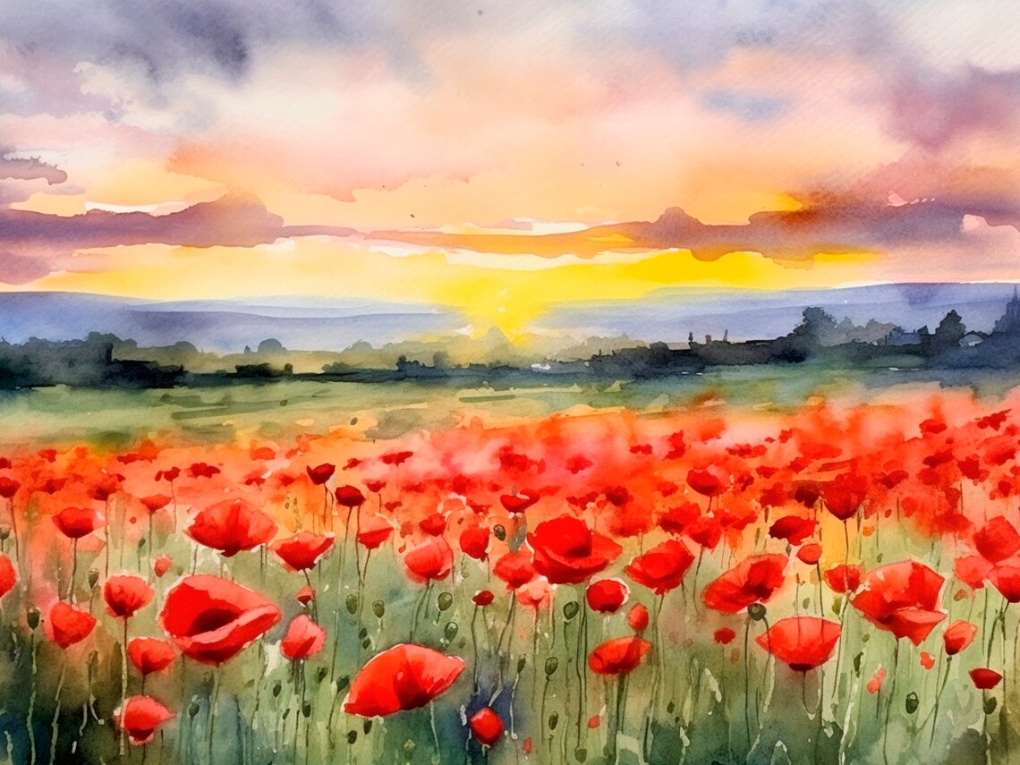 Poppy Meadow Landscape Watercolor Art Print, Tuscany