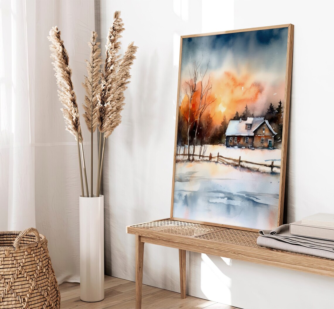 Minnesota Watercolor Art Print, Winter Forest Cabin Scene - Image 2