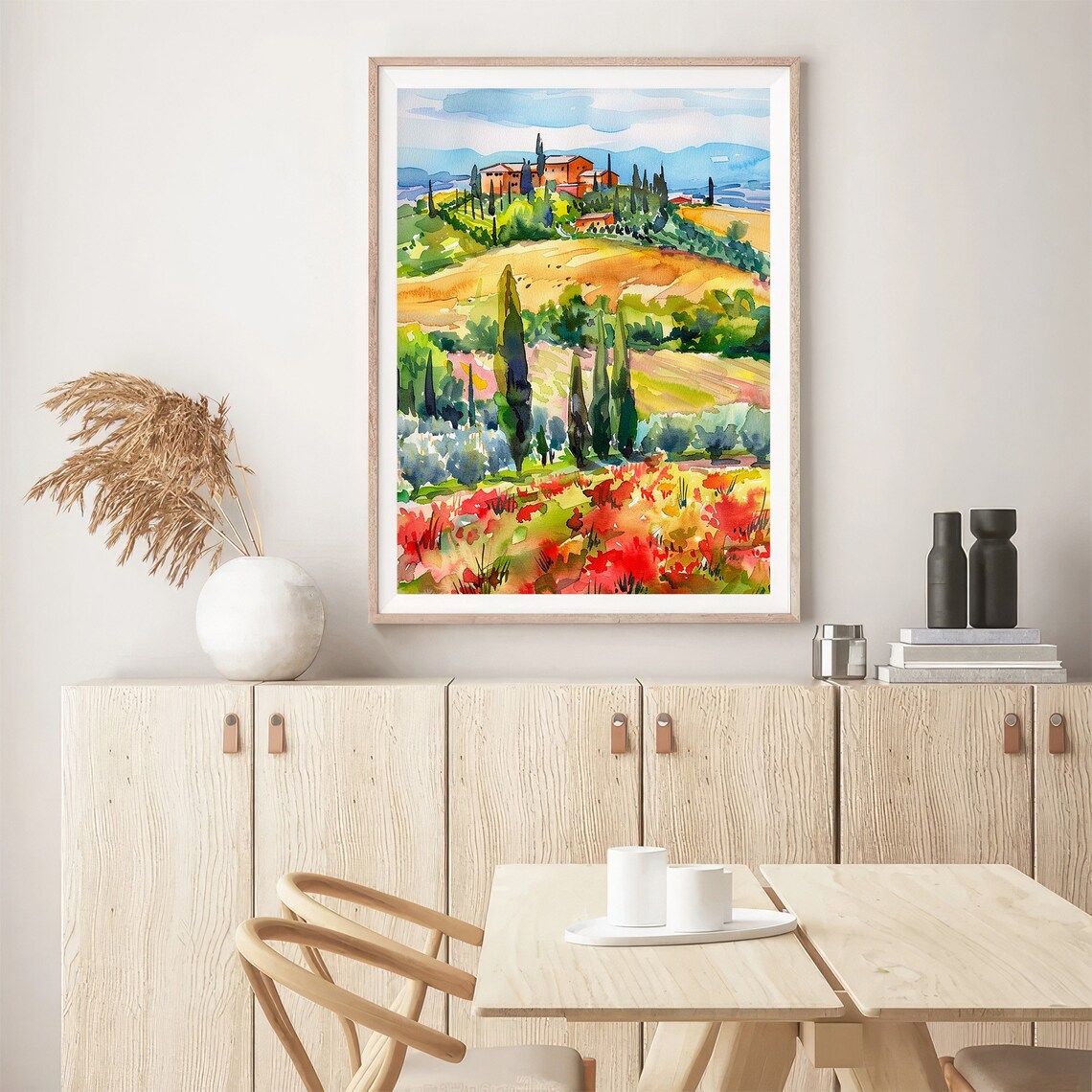 Tuscany Hilltop Villa Red Poppy Field Watercolor Italian Poster - Image 5