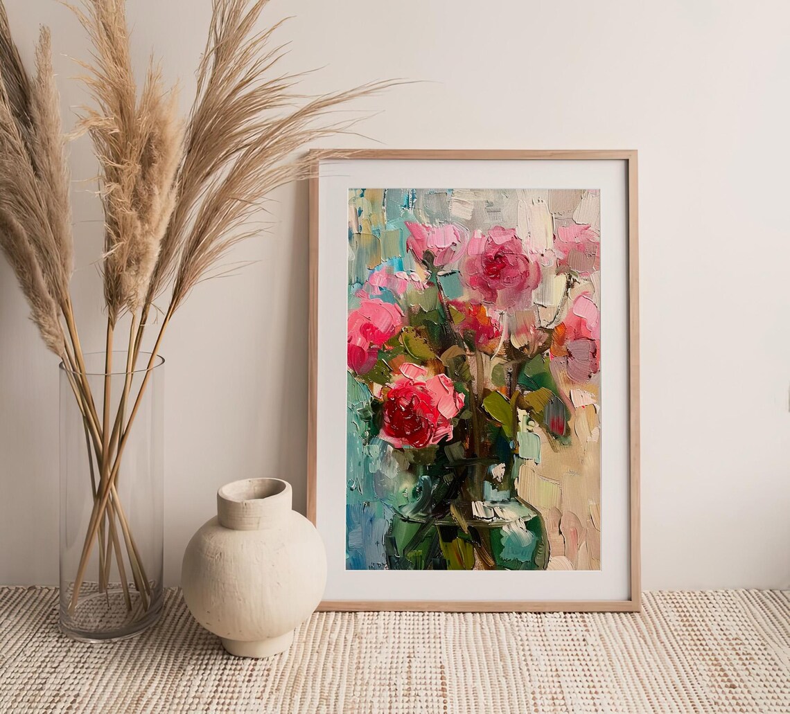 Peonies Oil Painting Pink Bouquet Glass Vase Impasto Floral Poster - Image 4