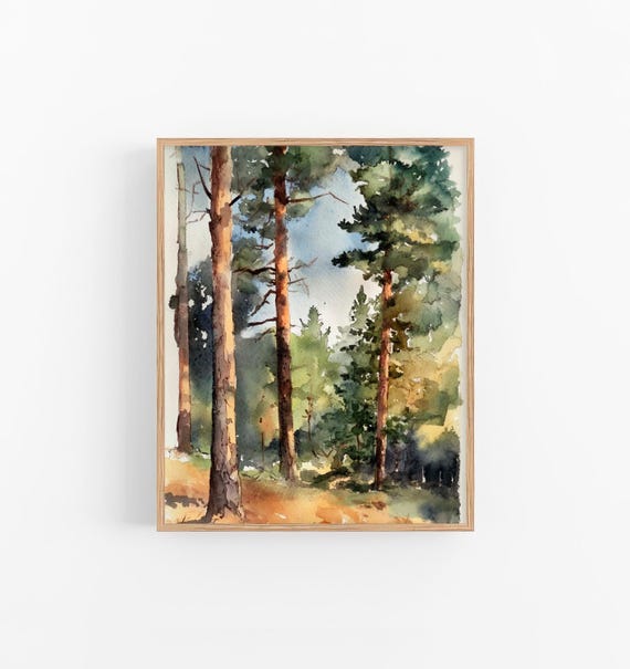 Pine Forest Watercolor Wall Art Print Rocky Mountains Pine Forest Watercolor Painting Gifts By Feelingprints