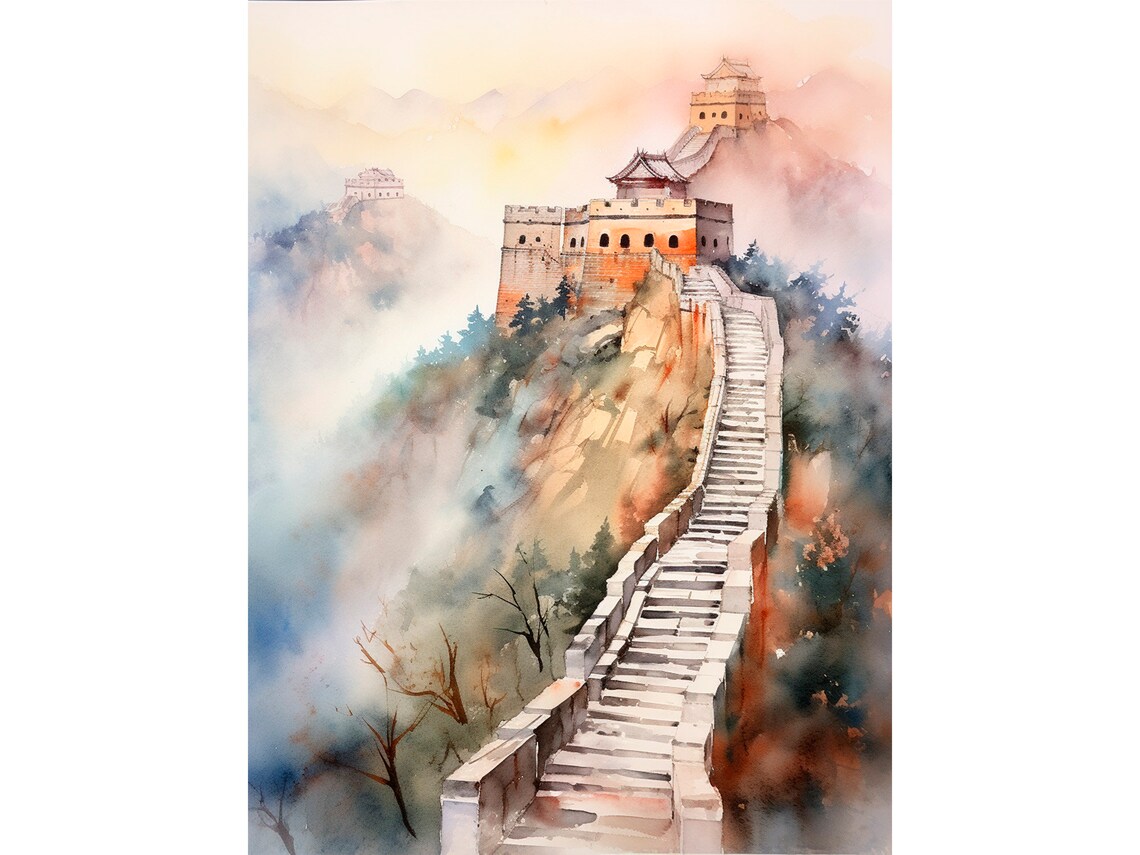 Great Wall of China Watercolor Travel Poster