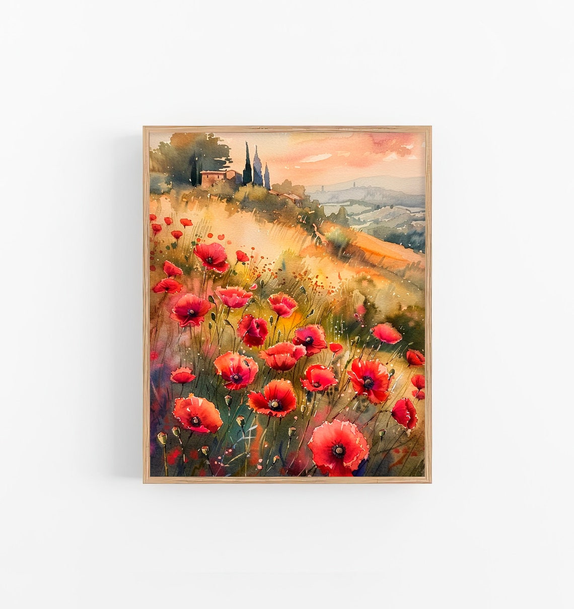 Tuscany Red Poppy Fields Italian Countryside Sunset Wall Art