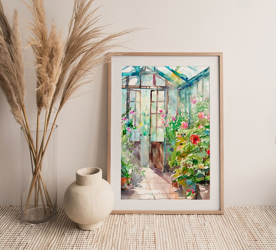 Greenhouse Interior Flowering Plants Sunlit Watercolor Poster - Image 4
