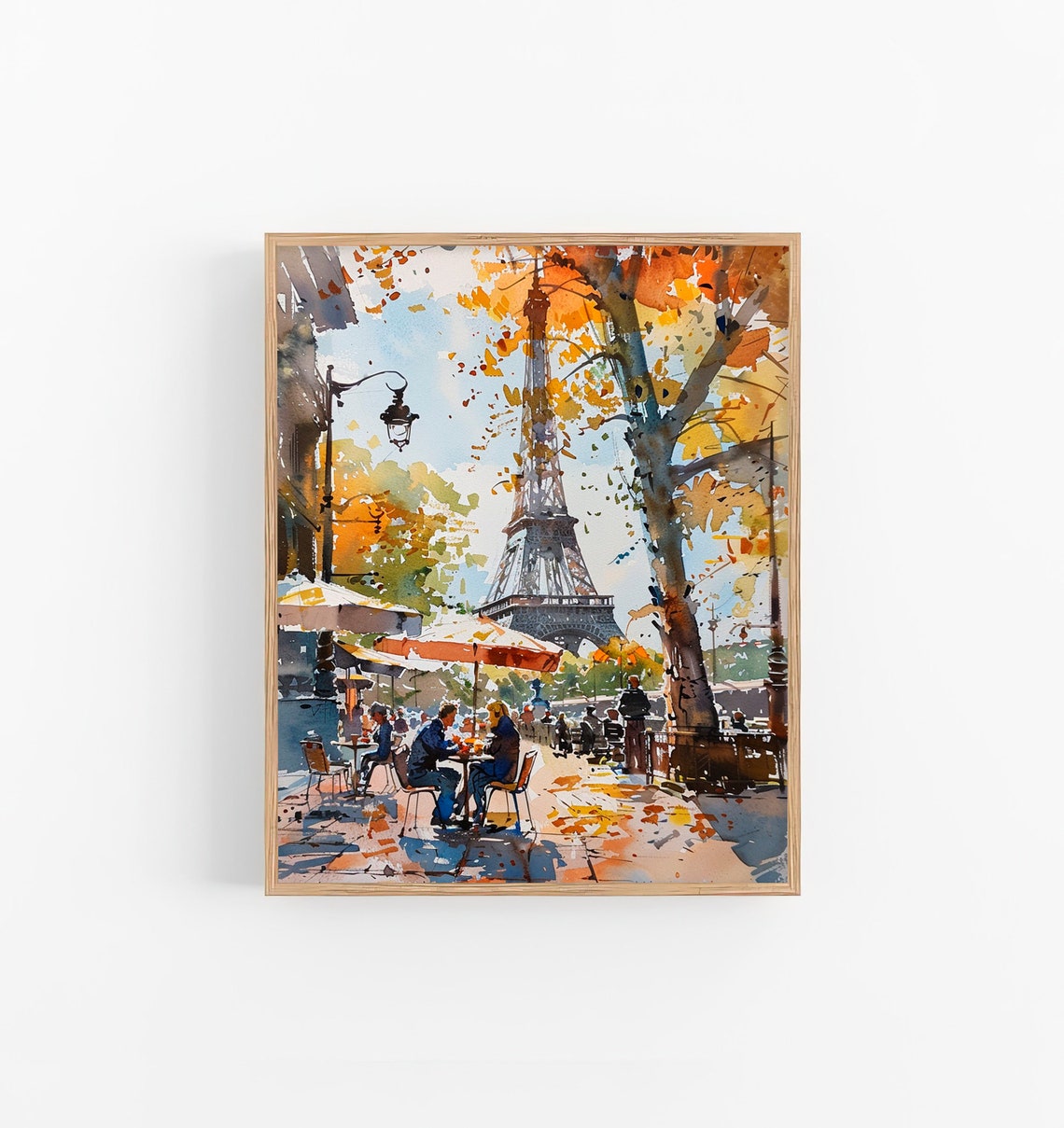 Paris Cafe Eiffel Tower Autumn Street Scene Watercolor Wall Art