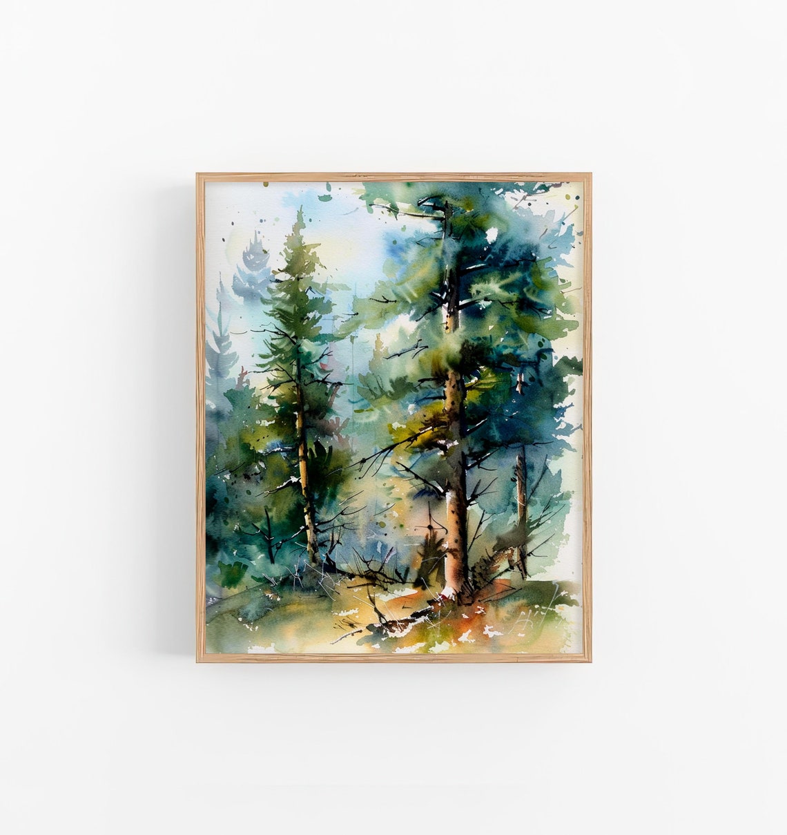 Towering Green Pine Trees Expressive Forest Watercolor Poster