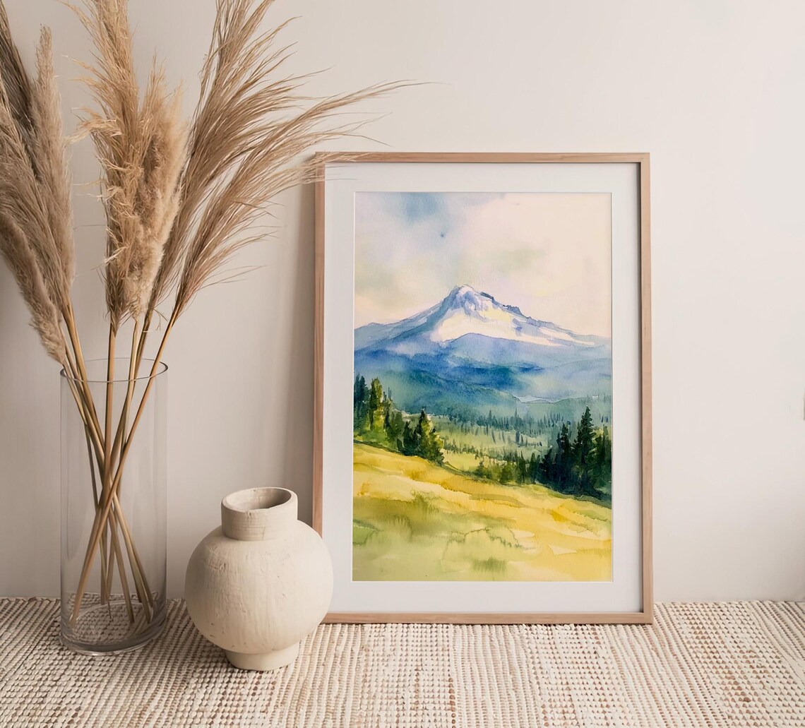 Mount Hood Watercolor Snow Capped Peak Oregon Meadow Pines Poster - Image 4