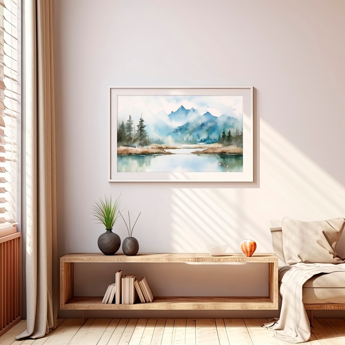 Foggy Rocky Mountain Lake Mist Blue Watercolor Landscape Art Print - Image 4