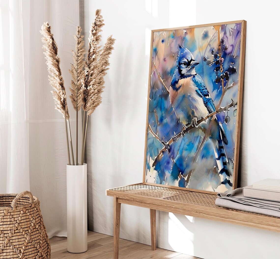 Blue Jay Songbird on Winter Branch Watercolor Bird Painting Poster - Image 2