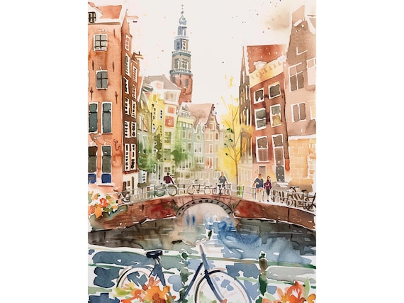 Amsterdam Cityscape Watercolor Art Print, Travel Poster
