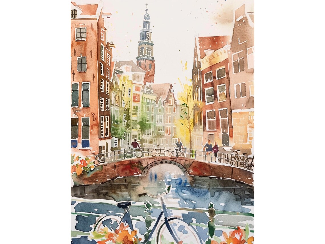 Amsterdam Cityscape Watercolor Art Print, Travel Poster