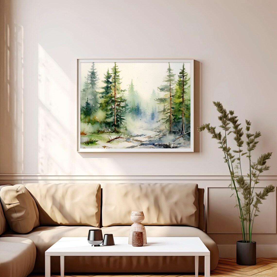 Rocky Mountain Misty Pine Forest Stream Morning Watercolor Poster - Image 4