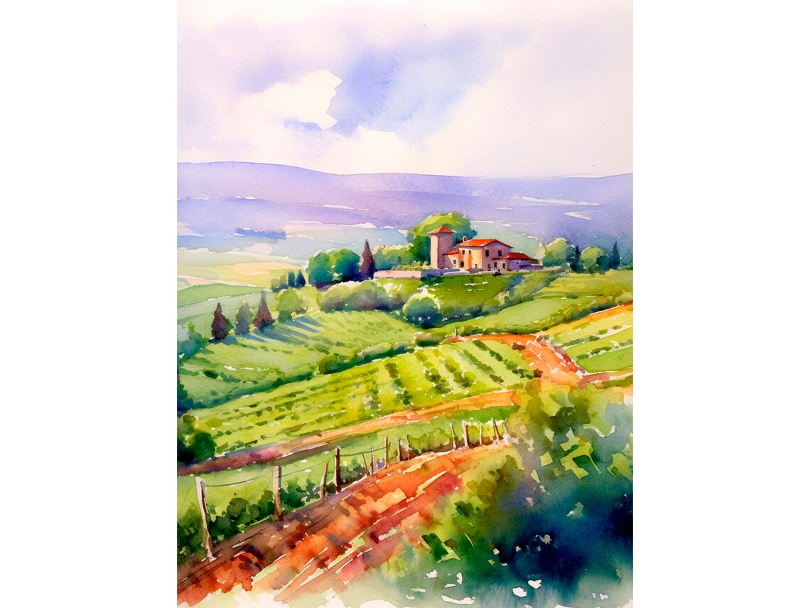Chianti Watercolor Art Print, Tuscany Vineyard Landscape
