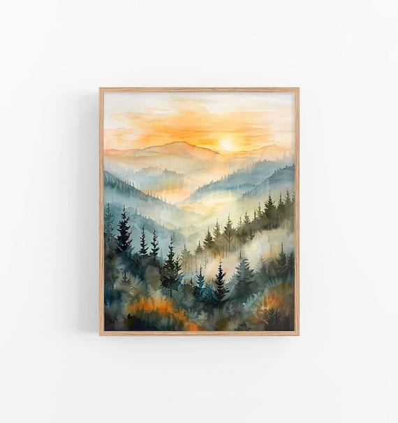 Smoky Mountains Watercolor Art Print, Foggy Forest