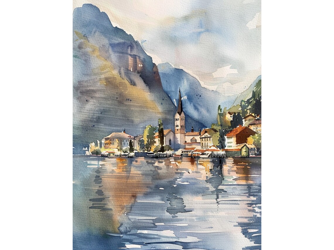 Lake Como Watercolor Art Print, Italy Travel Poster