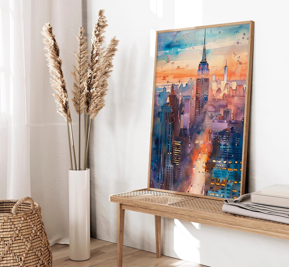 New York Sunset Skyline Watercolor Art Print - Image 2