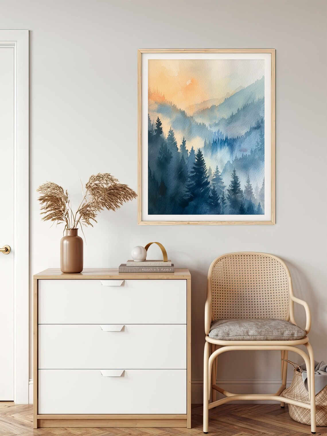 Smoky Mountains Misty Forest Sunrise Watercolor Landscape Poster - Image 5