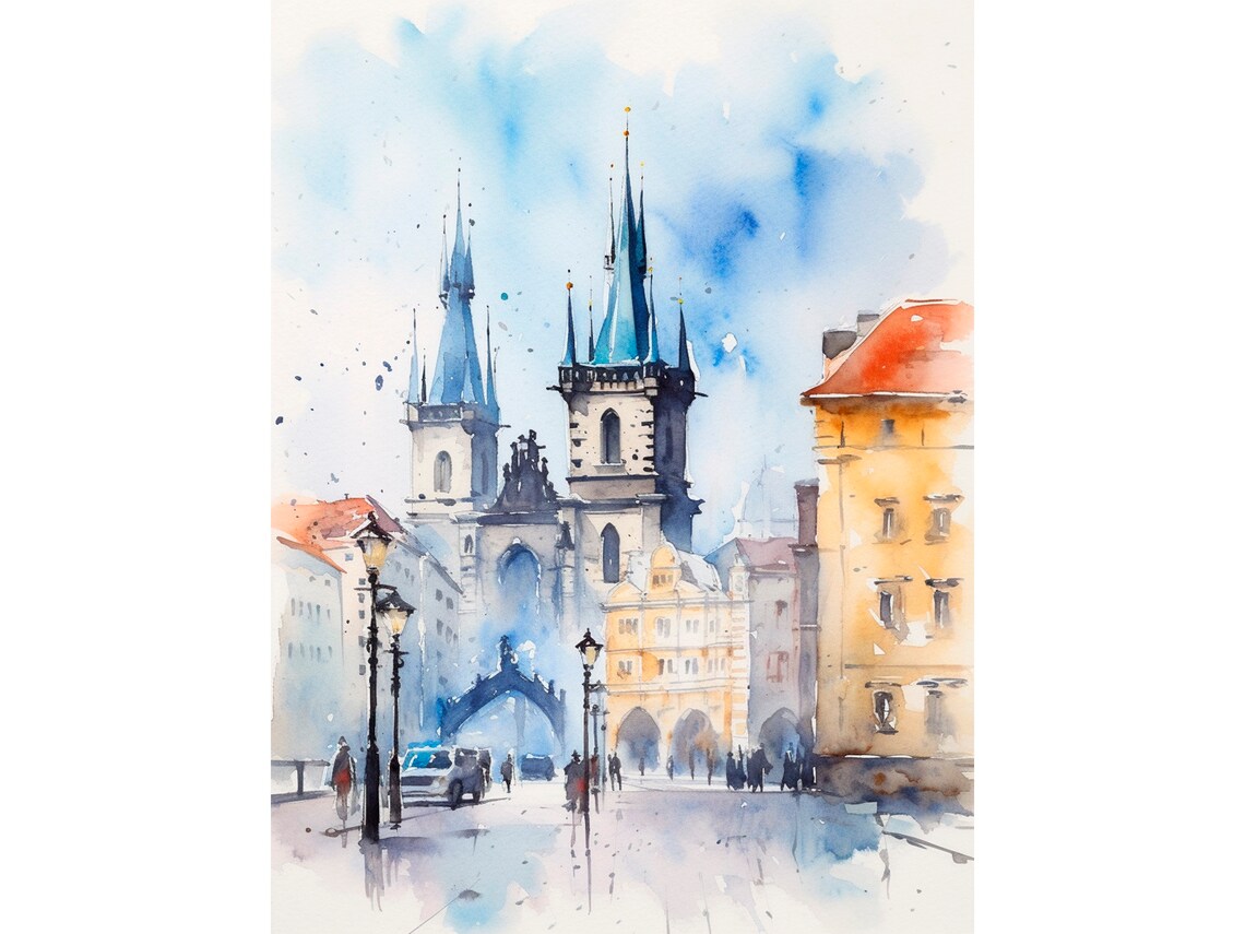 Prague Watercolor Cityscape Travel Poster