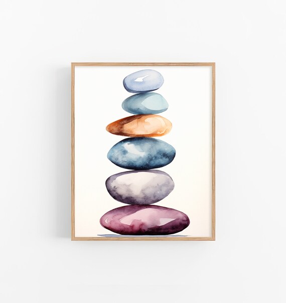 Balancing Stones Stack Zen Cairn Calm Watercolor Meditation Art Poster