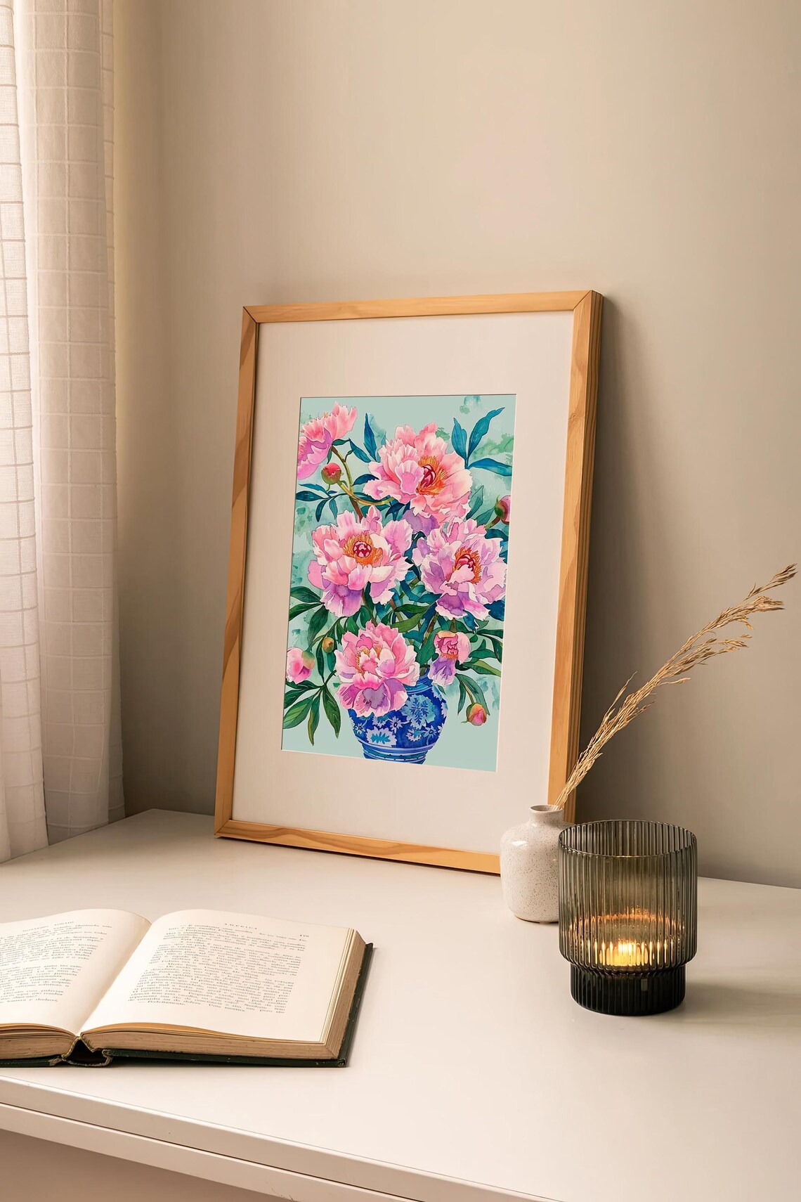 Pink Peonies Blue Porcelain Vase Blooming Watercolor Nature Art Poster - Image 2