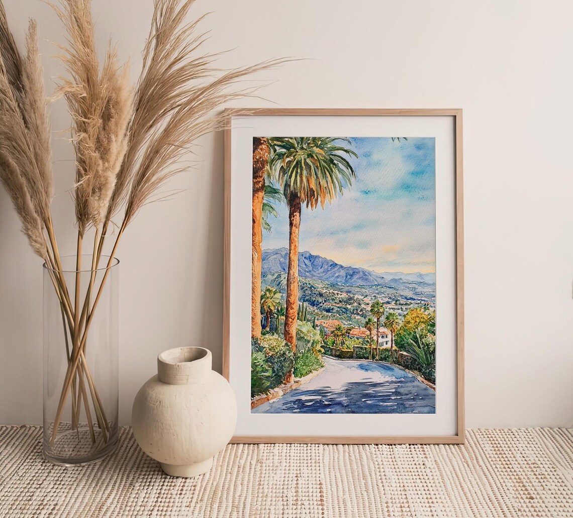 Santa Barbara Palm Trees Coastal Overlook Watercolor Art Poster - Image 4