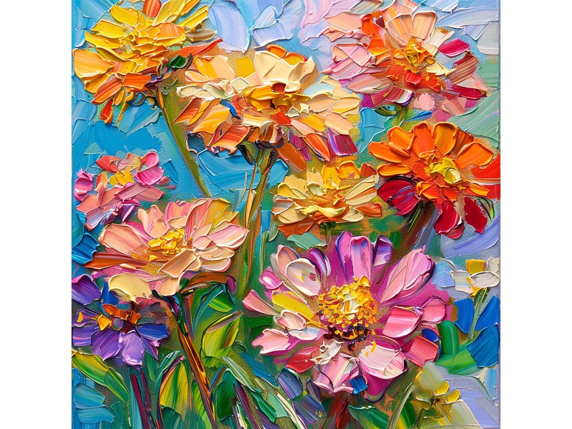 Zinnia Flowers Oil Painting Colorful Impasto Floral Garden Poster