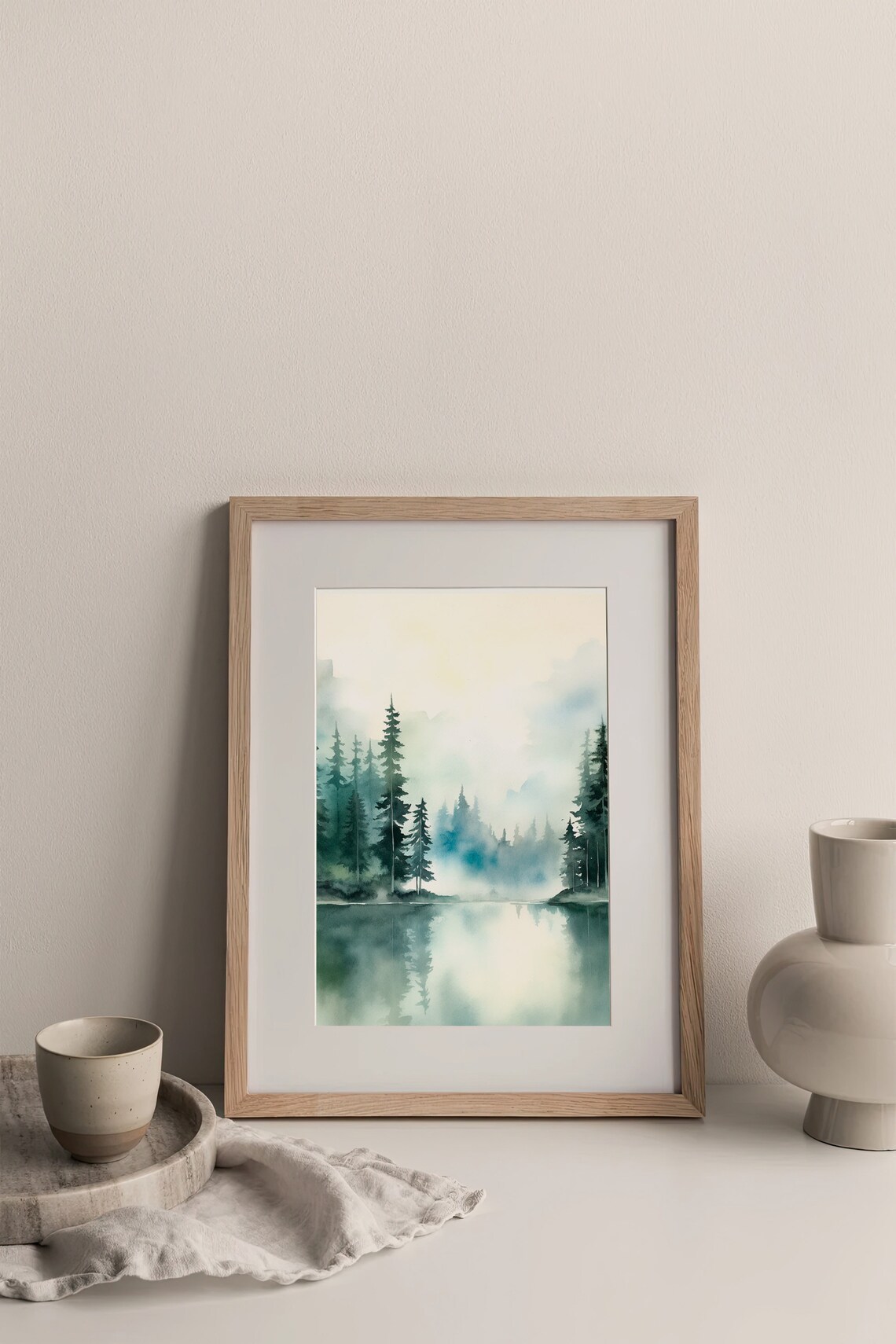 Crater Lake Misty Forest Lake Reflection Watercolor Oregon Poster - Image 2