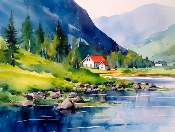 Norwegian Fjords Watercolor Art Print, Mountain Landscape