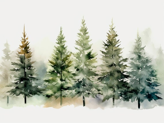 Watercolor Pine Trees Art Print Misty Forest Painting Green Gray Poster Wall Art Decor By Feelingprints