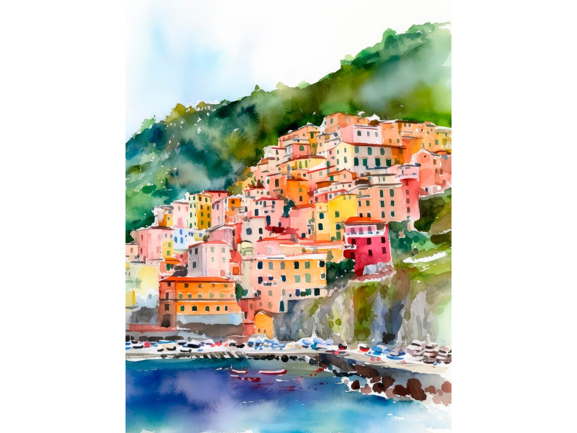 Positano Watercolor Italy Landscape Art Print