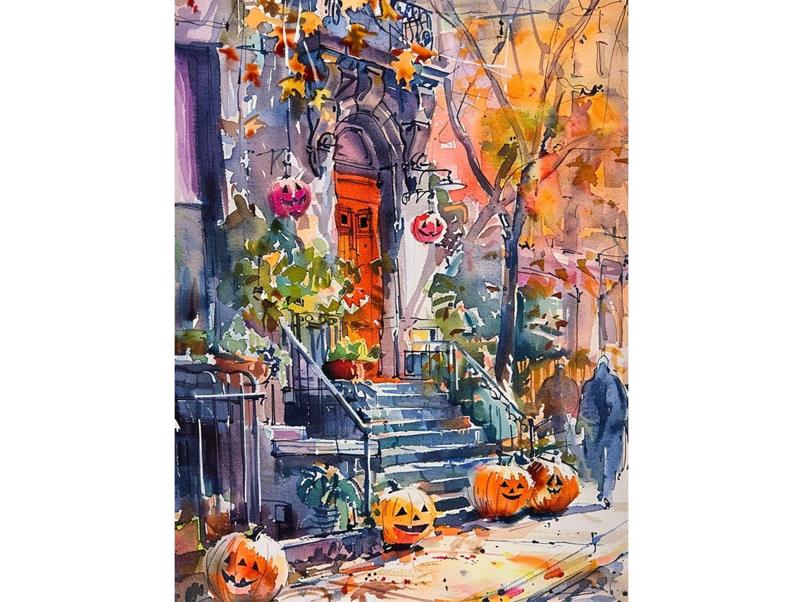 Halloween Brownstone Stoop Jack O Lanterns Autumn Watercolor Poster