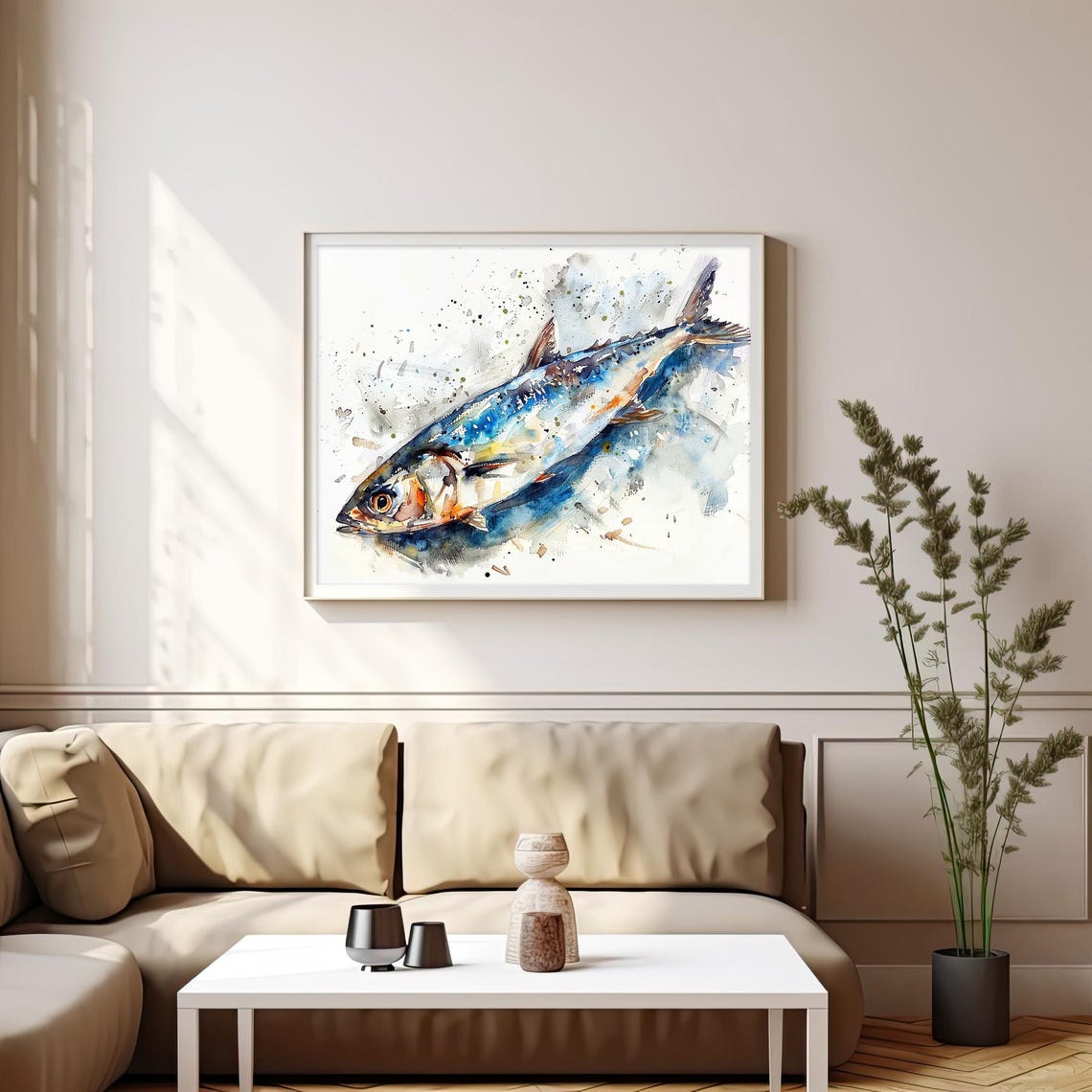 Sardine Fish Splashes Watercolor Coastal Kitchen Artwork Poster - Image 3