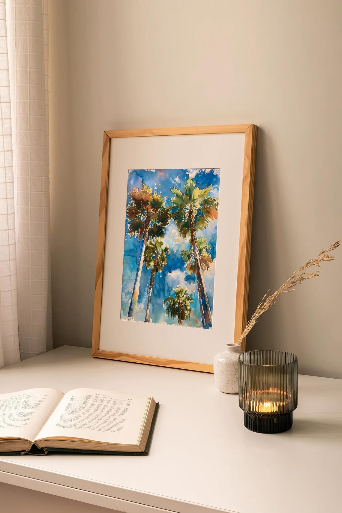 Palm Trees Reaching Into Bright Blue Sky Tropical Watercolor Poster - Image 2