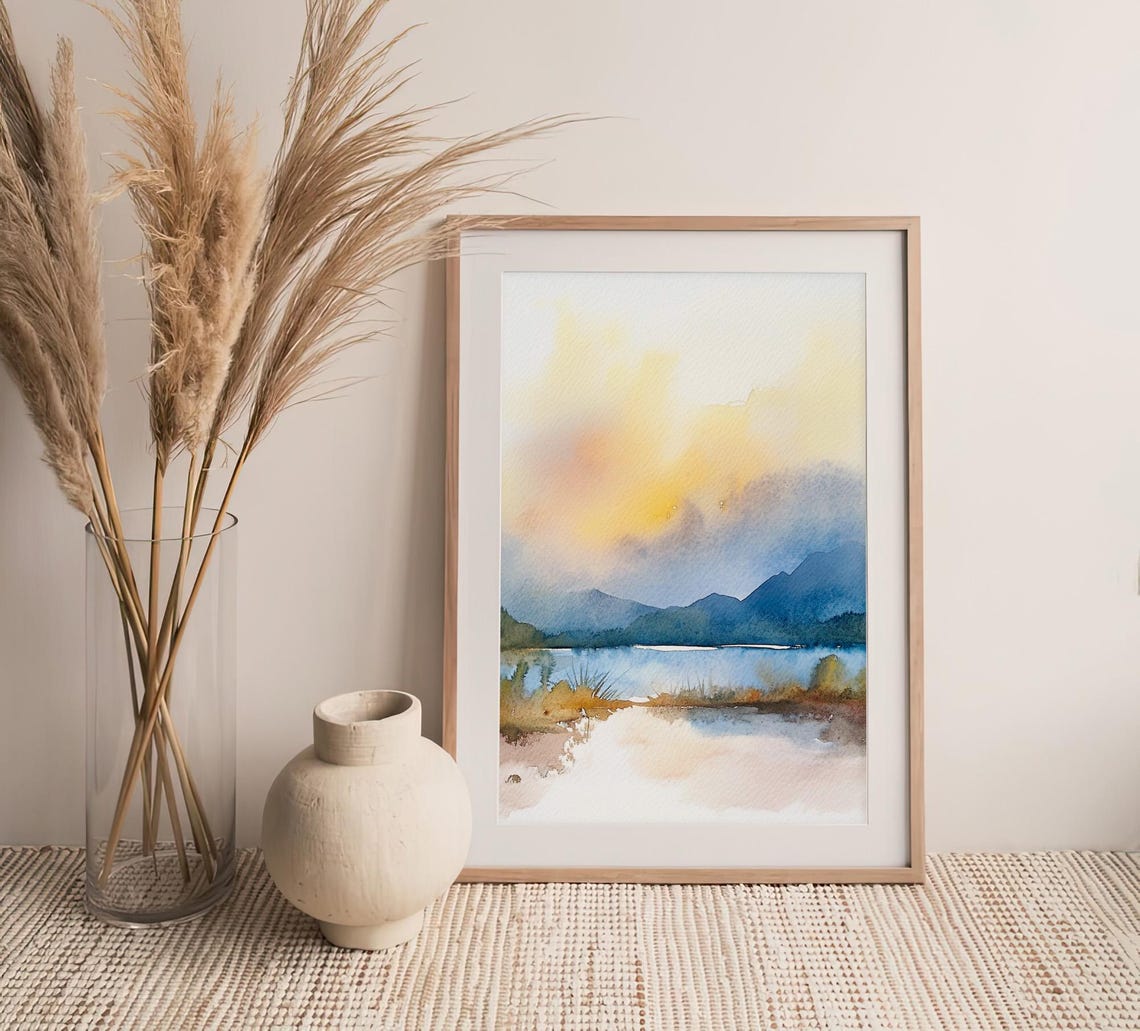 Scottish Highlands Misty Lake Calm Water Reflections Watercolor Poster - Image 4