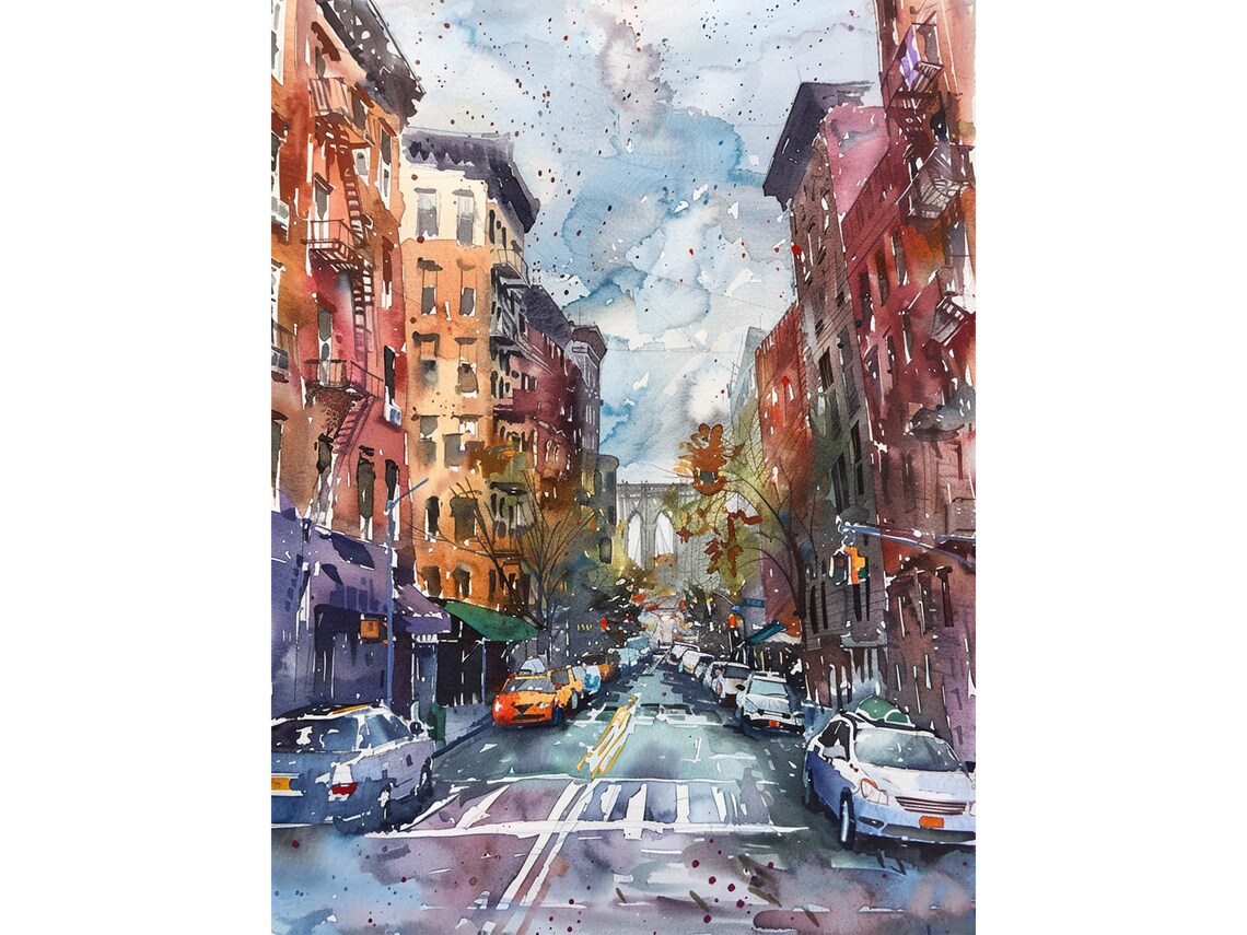Brooklyn Street Watercolor New York City Brownstones Bridge Poster