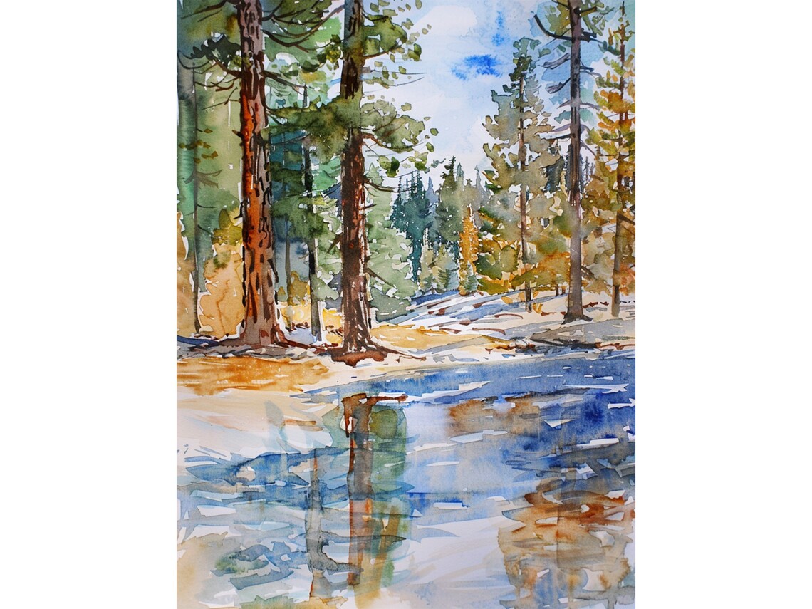 Lake Tahoe Pine Trees Shoreline Watercolor Forest Lake Poster