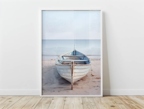 Pastel Wooden Boat on Quiet Beach Nautical Photography Art Print