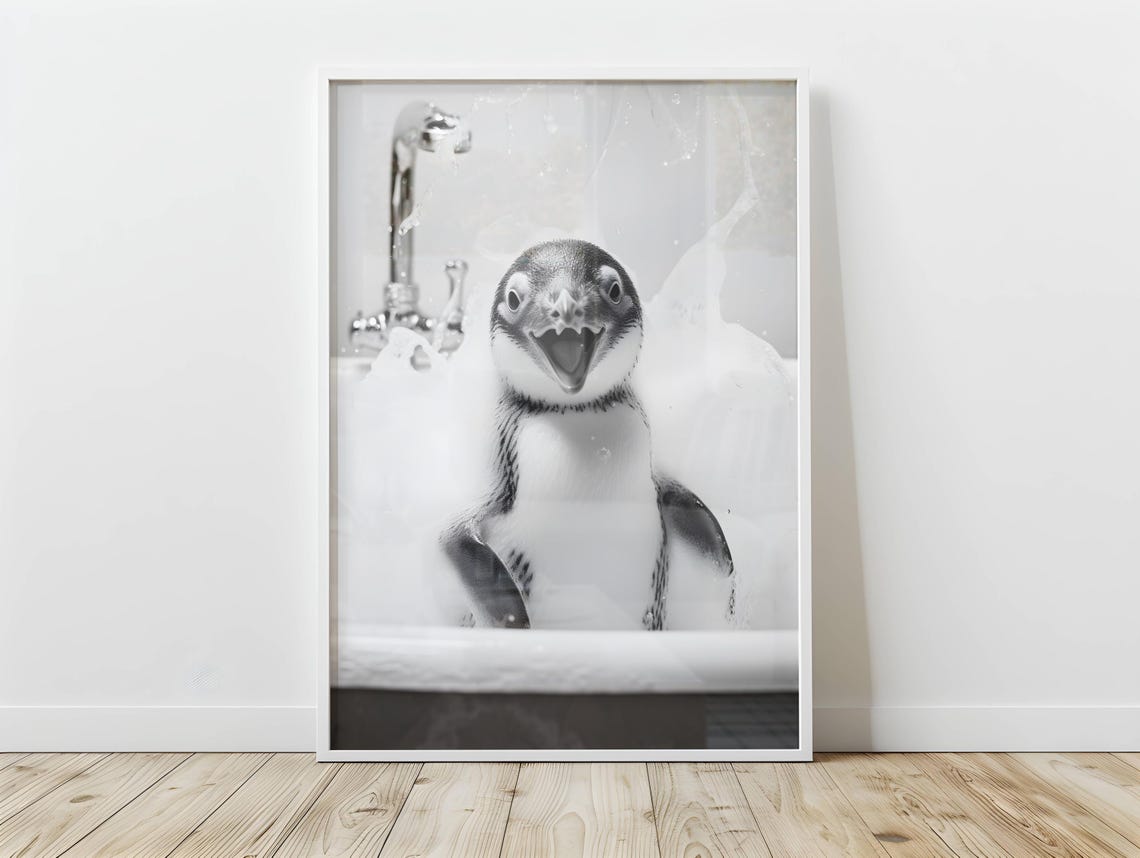 Happy Cute Penguin Bubble Bath Black and White Animal Art Poster