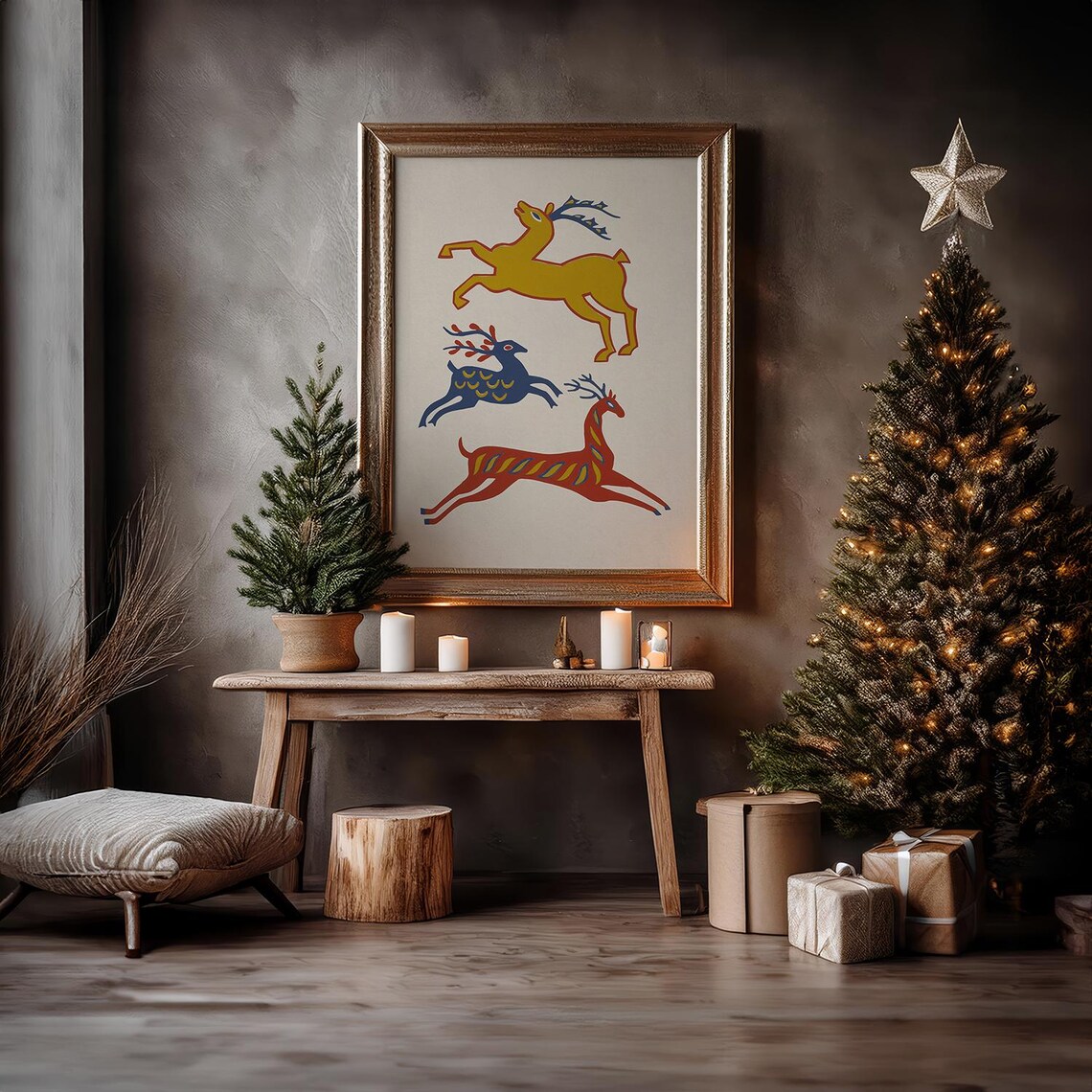Colorful Leaping Reindeer Folk Art Scandinavian Christmas Art Print - Image 5