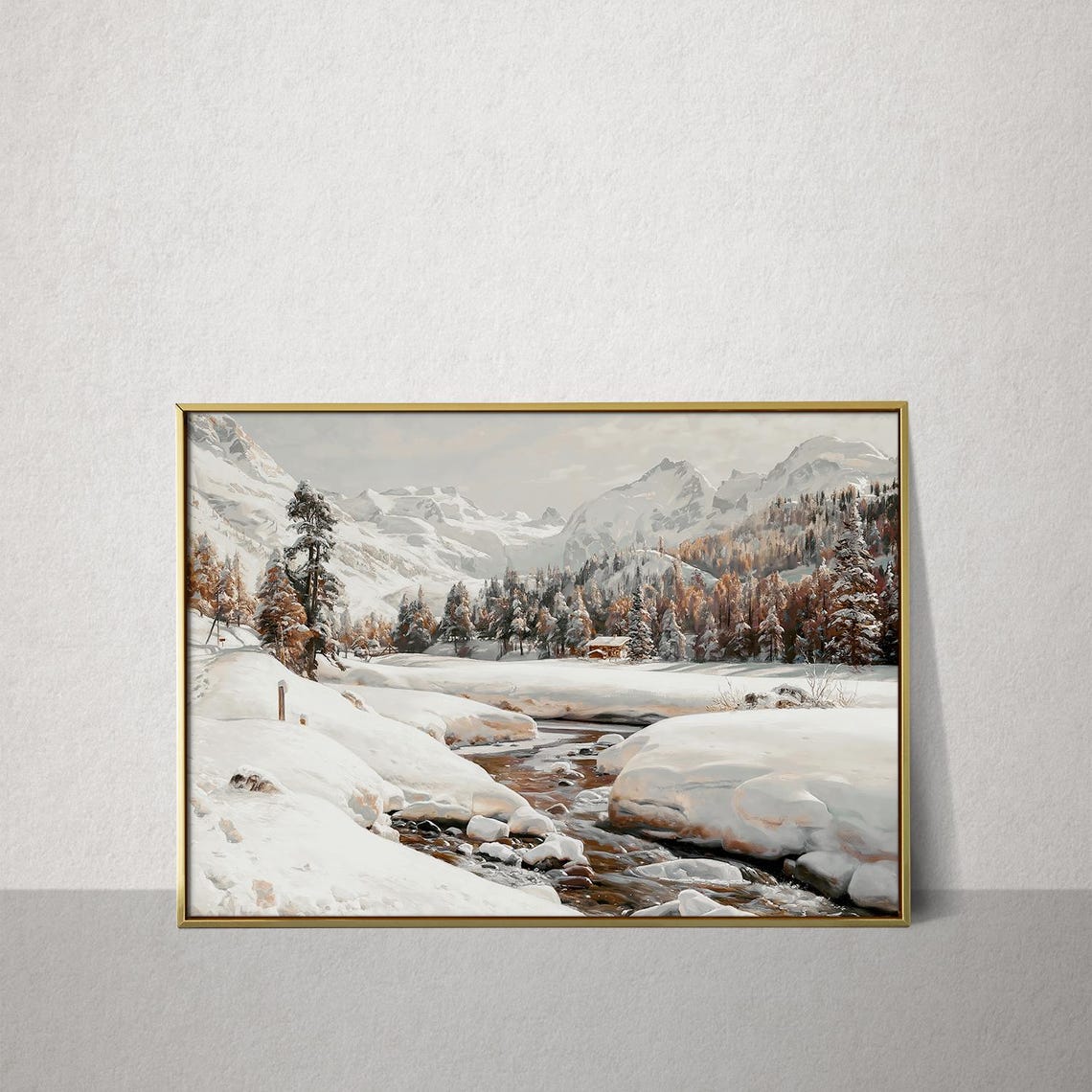 Snowy Alpine Mountain Valley Stream Winter Landscape Art Print - Image 3