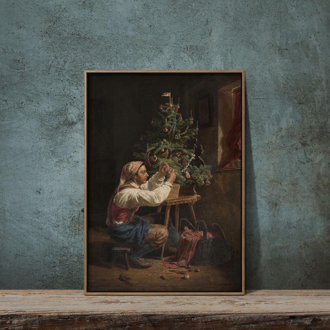 Woman Decorating Christmas Tree Vintage Oil Painting Holiday Art Print - Image 2