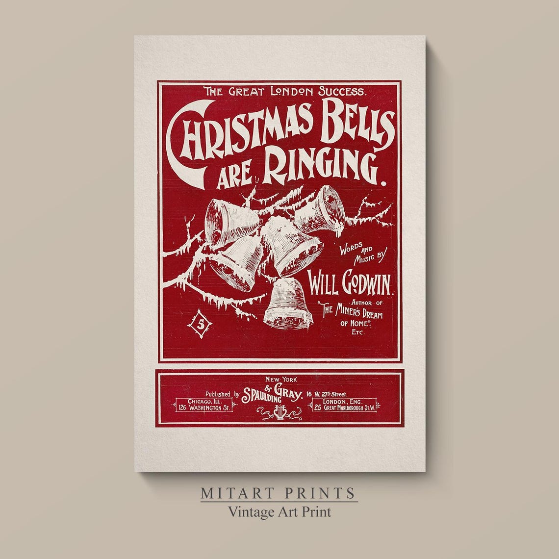 Christmas Bells Are Ringing Will Godwin Red Vintage Sheet Music Print - Image 4