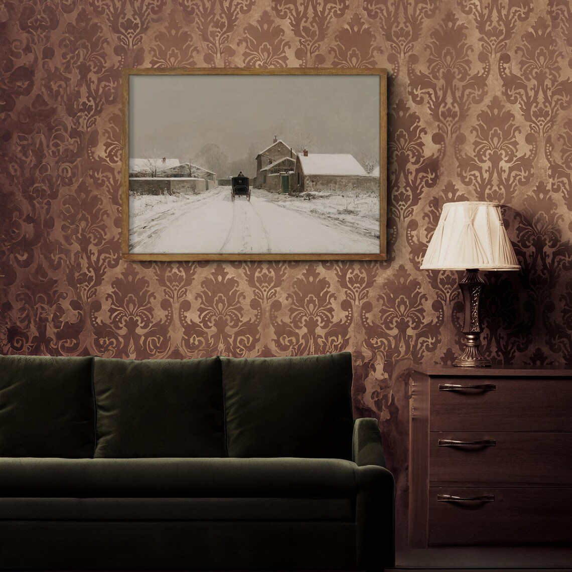 Snowy Village Road With Horse Drawn Carriage Vintage Winter Art Print - Image 2