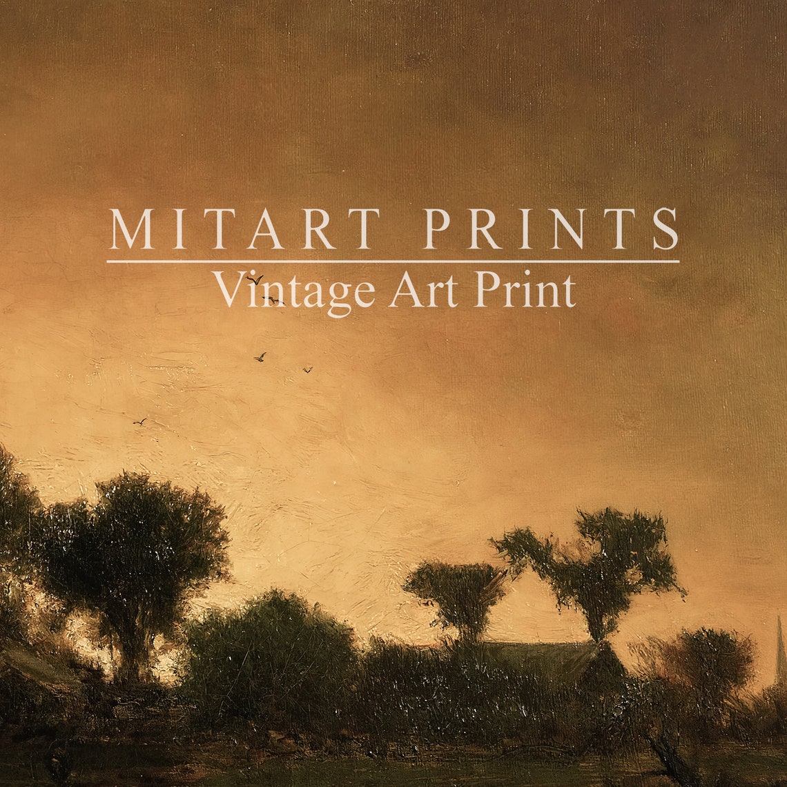 Vintage Golden Sunset Over Rural Field Birds Tree Line Painting Poster - Image 2