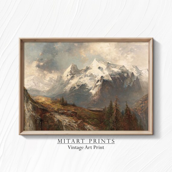Vintage Mountain Wall Art Rustic Landscape Oil Painting Farmhouse Mountain Print Art 24 08