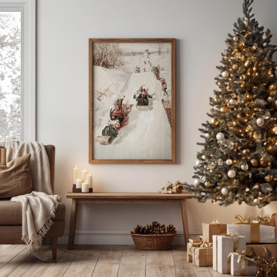 Vintage Sledding Scene Children Racing Down a Snowy Hill Art Print - Image 5