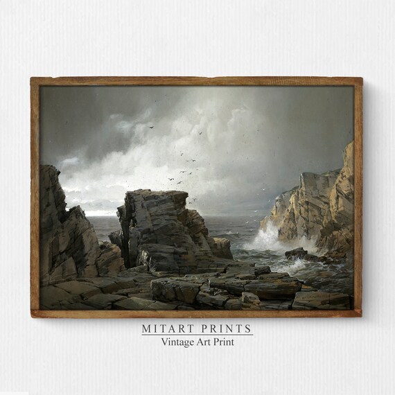 Antique Moody Coastal Cliffs Crashing Waves Seabirds Oil Painting Poster