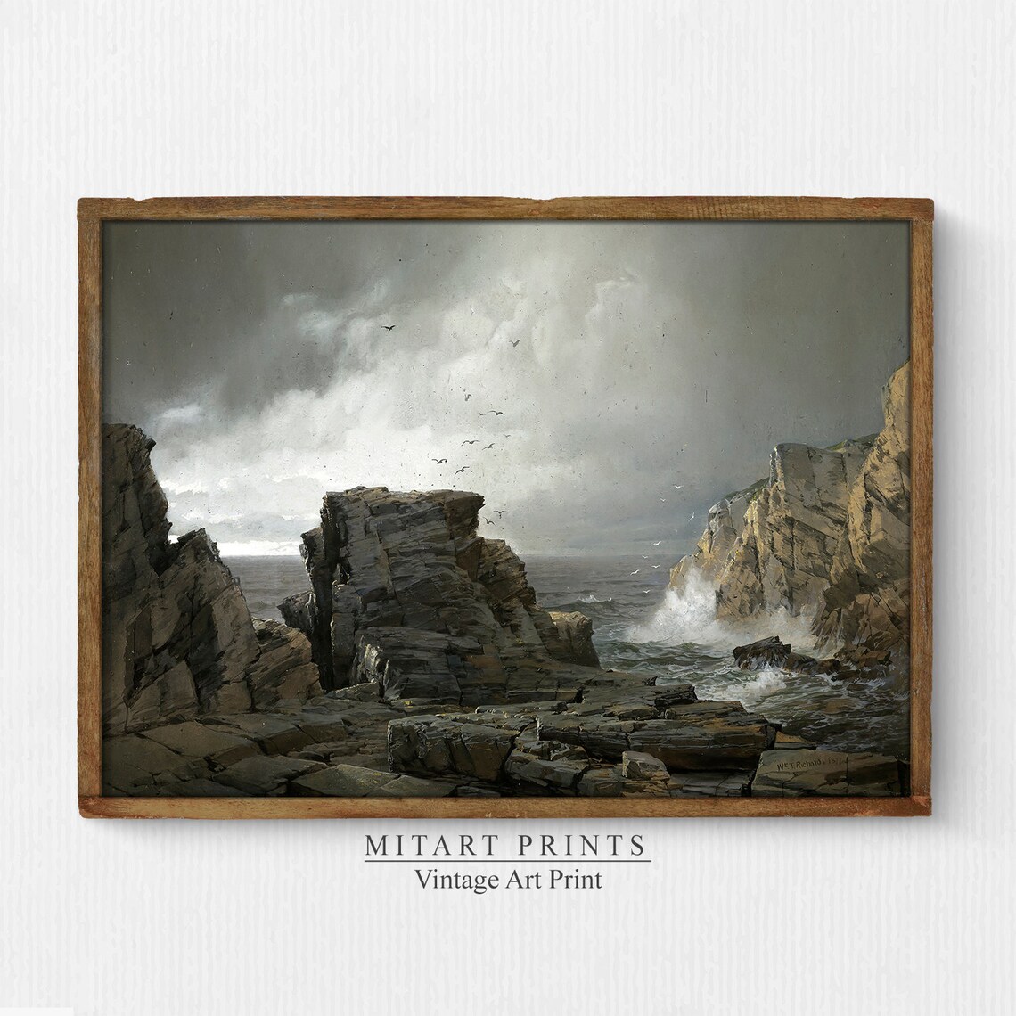 Antique Moody Coastal Cliffs Crashing Waves Seabirds Oil Painting Poster