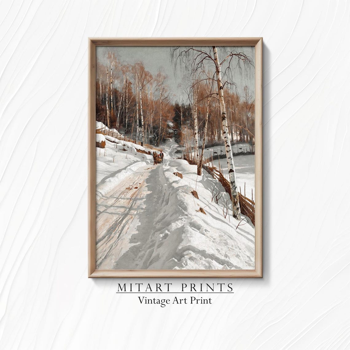 Snowy Birch Forest Road With Horse Sleigh Winter Landscape Art Print
